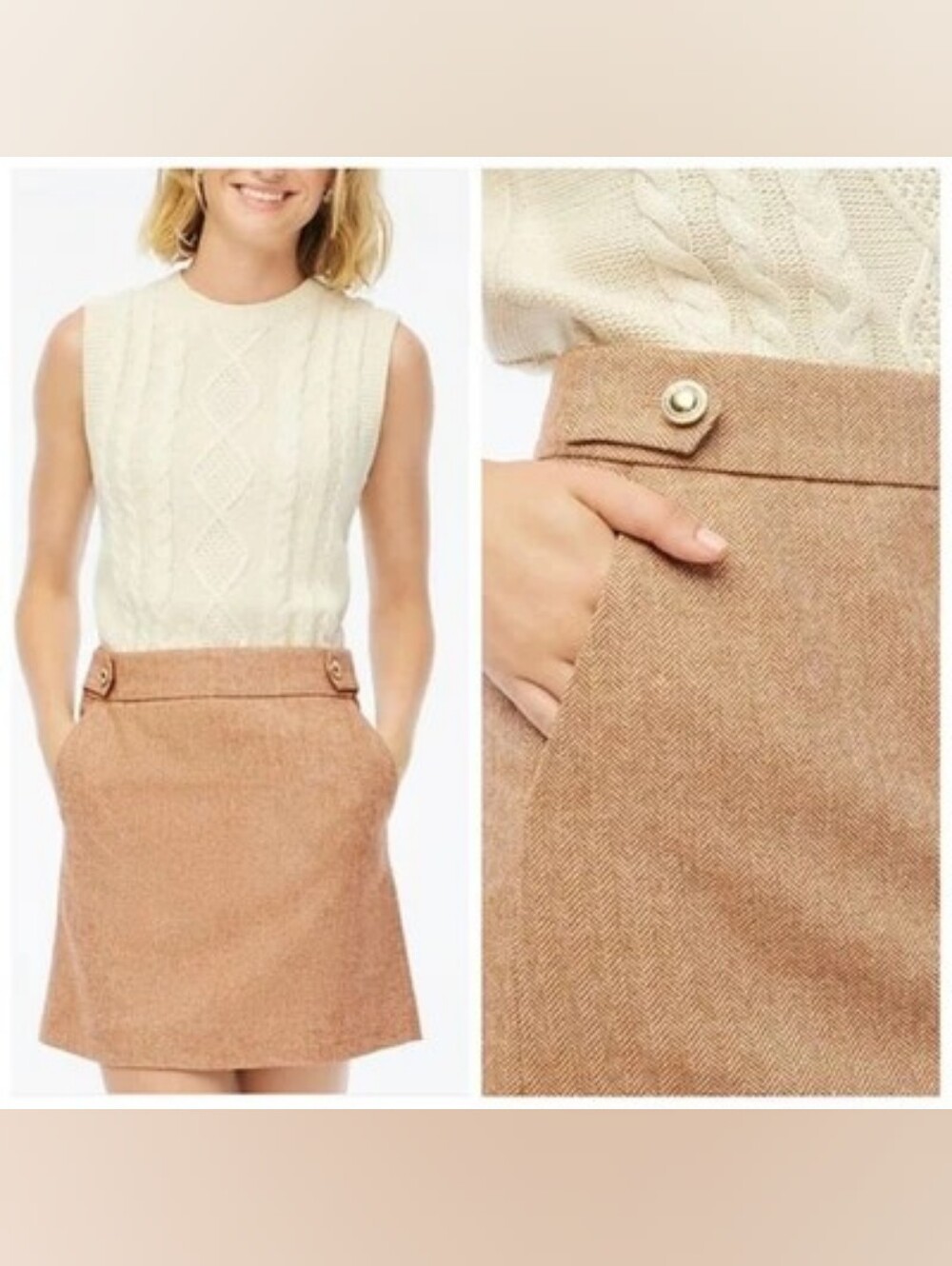 J.Crew Factory Camel & Cream Harringbone Sailor A-line Wool Blend Mini Skirt- 8